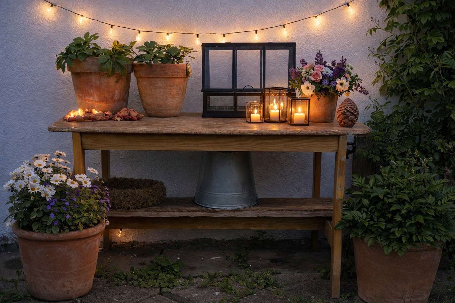 Selbst gebauter Pflanztisch mit stimmungsvoller Lichterkette, Windlichtern und Pflanzen dekoriert
