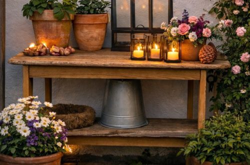 Pflanztisch (selbst gebaut) vor einem Gartenhaus, dekoriert mit Lichterkette, Windlichtern, Terrakotta-Pfanztöpfen mit verschiedenen Pflanzen. Eine Ramblerrose rankt sich am Gartenhaus hoch.