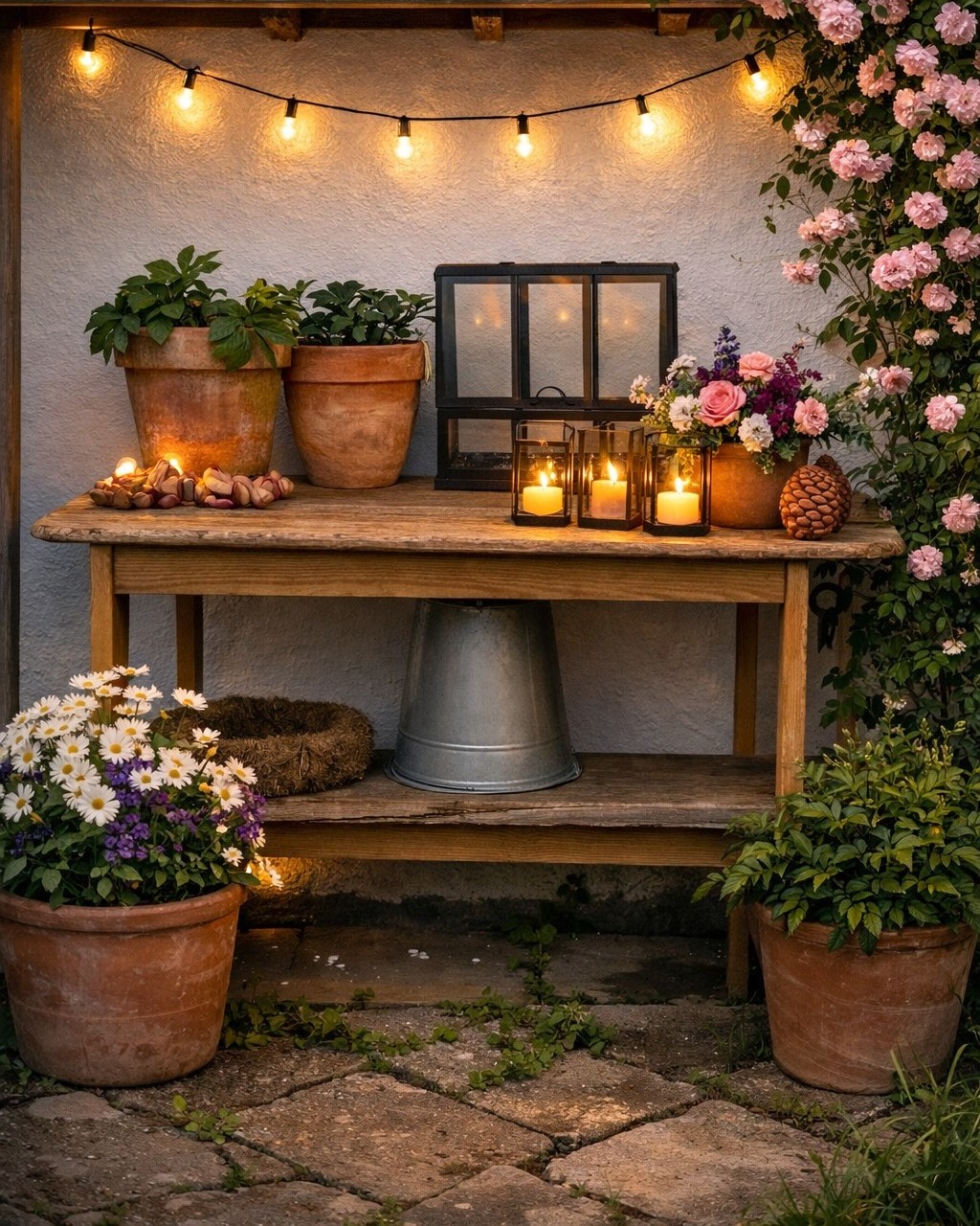 Pflanztisch (selbst gebaut) vor einem Gartenhaus, dekoriert mit Lichterkette, Windlichtern, Terrakotta-Pfanztöpfen mit verschiedenen Pflanzen. Eine Ramblerrose rankt sich am Gartenhaus hoch.