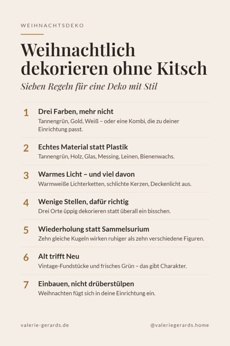 Grafik: Weihnachtlich dekorieren ohne Kitsch – sieben Regeln für eine Deko mit Stil